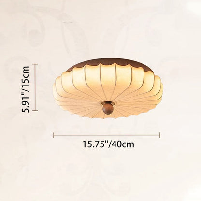 Traditional Vintage Round Patterned Fabric Alloy Ash Wood LED Flush Mount Ceiling Light For Living Room