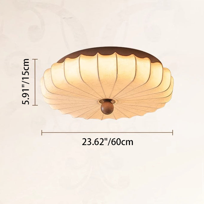Traditional Vintage Round Patterned Fabric Alloy Ash Wood LED Flush Mount Ceiling Light For Living Room