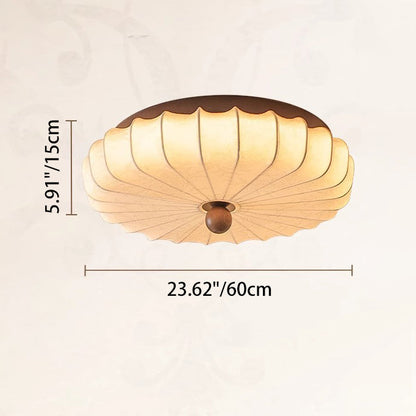 Traditional Vintage Round Patterned Fabric Alloy Ash Wood LED Flush Mount Ceiling Light For Living Room