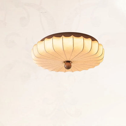 Traditional Vintage Round Patterned Fabric Alloy Ash Wood LED Flush Mount Ceiling Light For Living Room