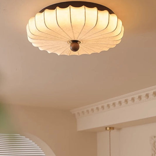 Traditional Vintage Round Patterned Fabric Alloy Ash Wood LED Flush Mount Ceiling Light For Living Room