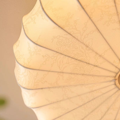 Traditional Vintage Round Patterned Fabric Alloy Ash Wood LED Flush Mount Ceiling Light For Living Room