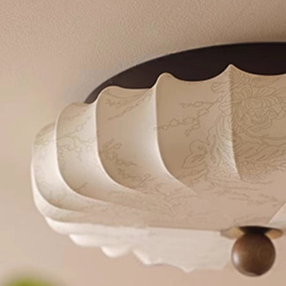 Traditional Vintage Round Patterned Fabric Alloy Ash Wood LED Flush Mount Ceiling Light For Living Room