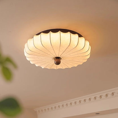 Traditional Vintage Round Patterned Fabric Alloy Ash Wood LED Flush Mount Ceiling Light For Living Room