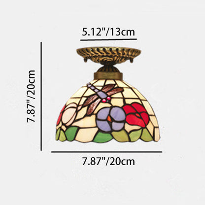 Traditional Tiffany Round Cone Flower Dragonfly Iron Stained Glass 1-Light Semi-Flush Mount Ceiling Light For Living Room