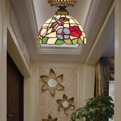 Traditional Tiffany Round Cone Flower Dragonfly Iron Stained Glass 1-Light Semi-Flush Mount Ceiling Light For Living Room