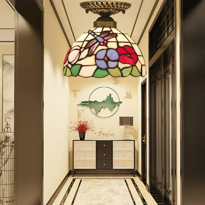 Traditional Tiffany Round Cone Flower Dragonfly Iron Stained Glass 1-Light Semi-Flush Mount Ceiling Light For Living Room