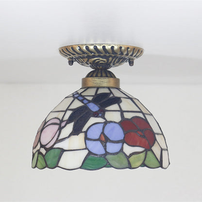 Traditional Tiffany Round Cone Flower Dragonfly Iron Stained Glass 1-Light Semi-Flush Mount Ceiling Light For Living Room