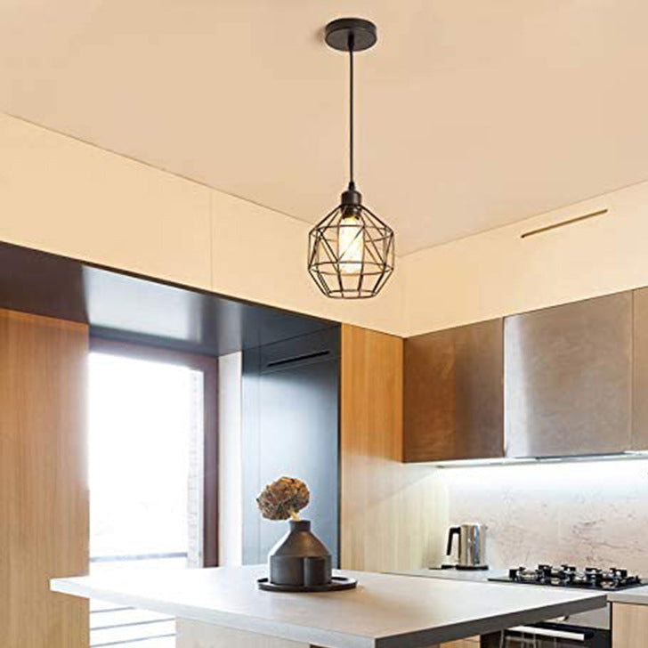 Contemporary Industrial Round Geometric Iron Cage 1-Light Pendant Light For Living Room