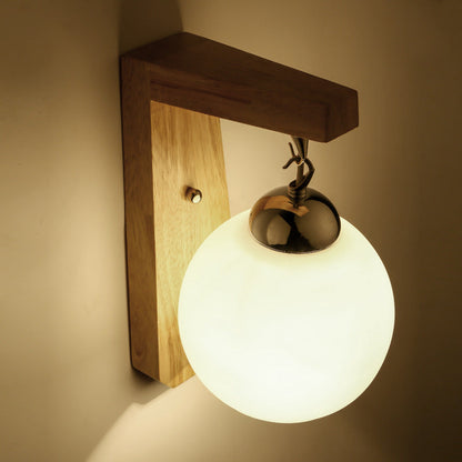 Contemporary Nordic Globe Rectangle Rubberwood Base Hardware Glass 1-Light Wall Sconce Lamp For Living Room