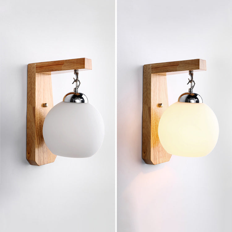 Contemporary Nordic Globe Rectangle Rubberwood Base Hardware Glass 1-Light Wall Sconce Lamp For Living Room