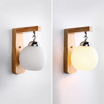 Contemporary Nordic Globe Rectangle Rubberwood Base Hardware Glass 1-Light Wall Sconce Lamp For Living Room
