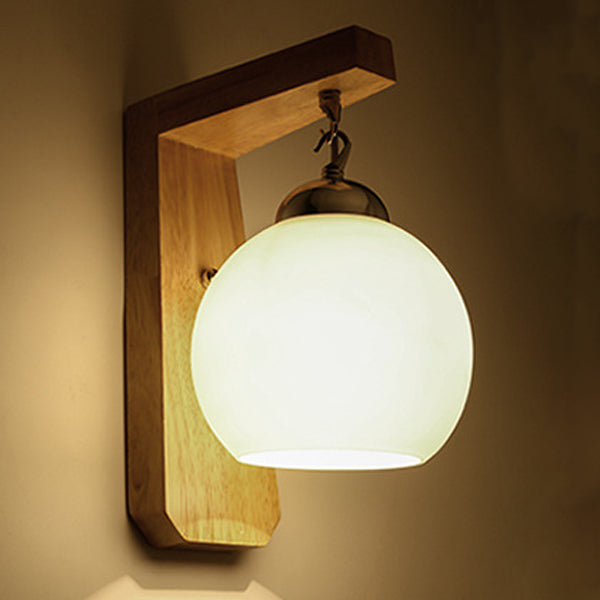 Contemporary Nordic Globe Rectangle Rubberwood Base Hardware Glass 1-Light Wall Sconce Lamp For Living Room