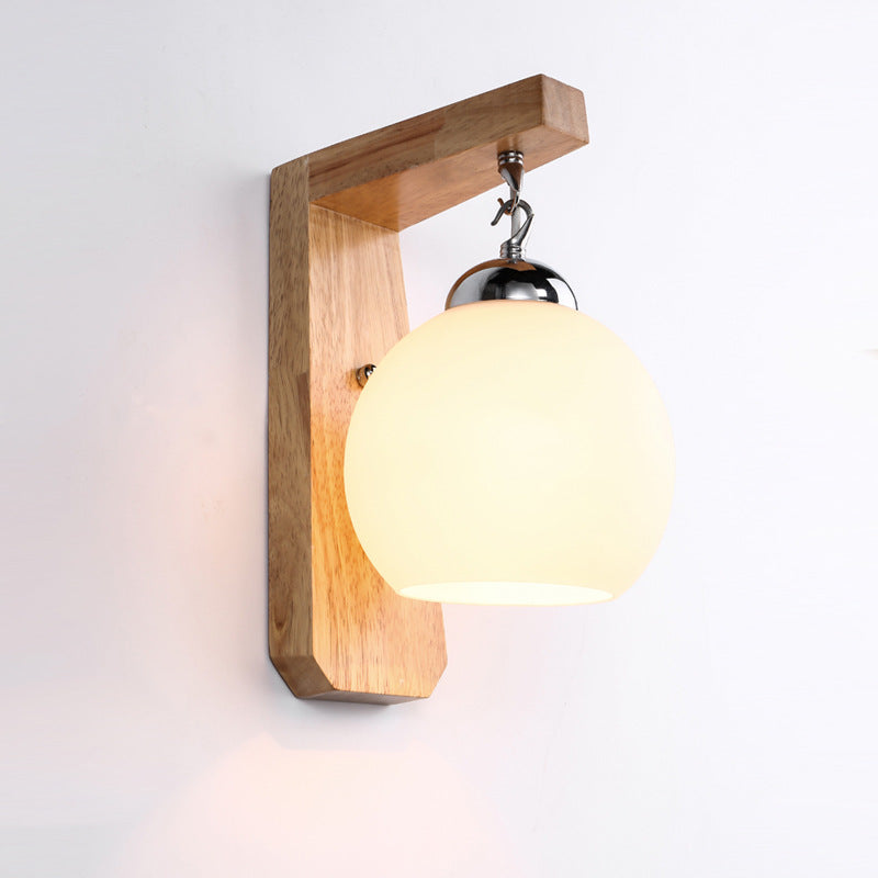 Contemporary Nordic Globe Rectangle Rubberwood Base Hardware Glass 1-Light Wall Sconce Lamp For Living Room