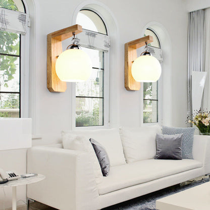 Contemporary Nordic Globe Rectangle Rubberwood Base Hardware Glass 1-Light Wall Sconce Lamp For Living Room