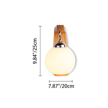 Contemporary Nordic Globe Rectangle Rubberwood Base Hardware Glass 1-Light Wall Sconce Lamp For Living Room