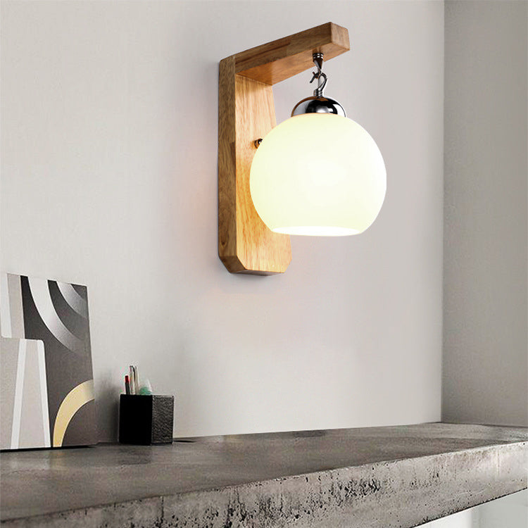 Contemporary Nordic Globe Rectangle Rubberwood Base Hardware Glass 1-Light Wall Sconce Lamp For Living Room
