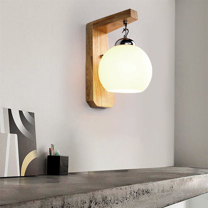 Contemporary Nordic Globe Rectangle Rubberwood Base Hardware Glass 1-Light Wall Sconce Lamp For Living Room