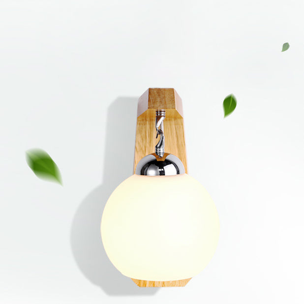 Contemporary Nordic Globe Rectangle Rubberwood Base Hardware Glass 1-Light Wall Sconce Lamp For Living Room