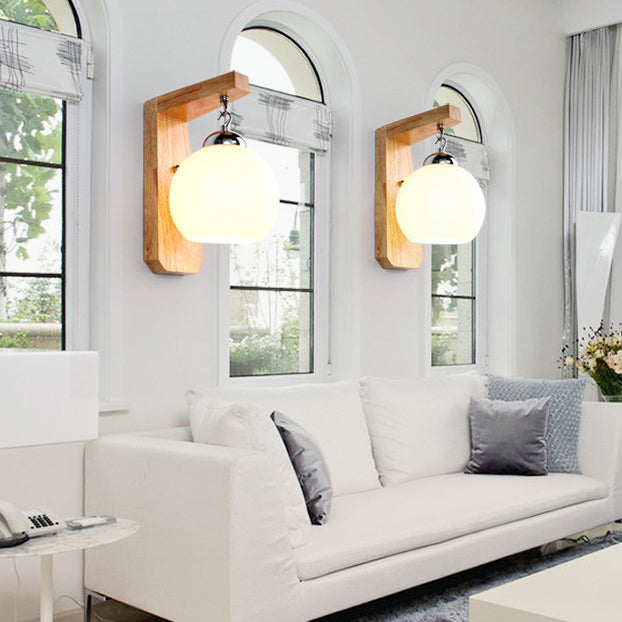 Contemporary Nordic Globe Rectangle Rubberwood Base Hardware Glass 1-Light Wall Sconce Lamp For Living Room