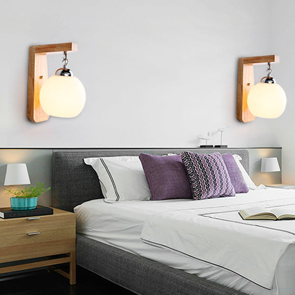 Contemporary Nordic Globe Rectangle Rubberwood Base Hardware Glass 1-Light Wall Sconce Lamp For Living Room