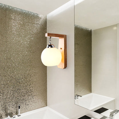 Contemporary Nordic Globe Rectangle Rubberwood Base Hardware Glass 1-Light Wall Sconce Lamp For Living Room
