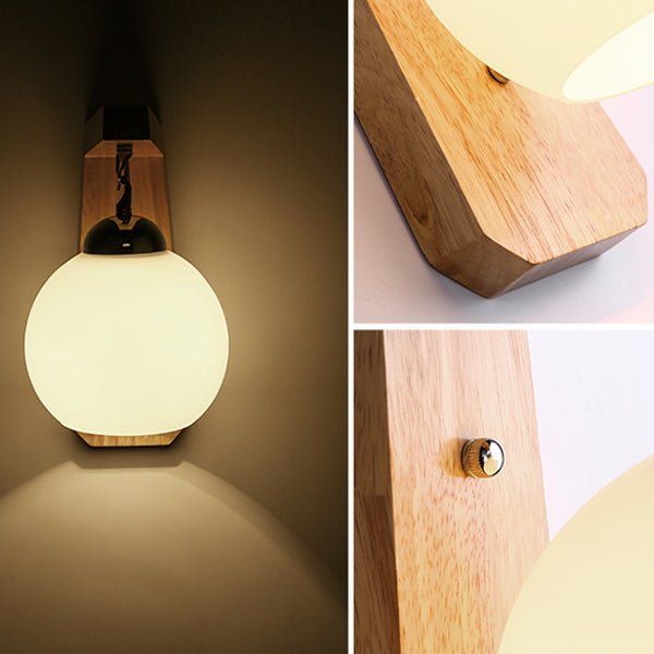 Contemporary Nordic Globe Rectangle Rubberwood Base Hardware Glass 1-Light Wall Sconce Lamp For Living Room