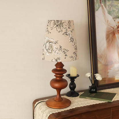 Traditional French Cylinder Floral Fabric Shade Solid Wood Base 1-Light Table Lamp For Bedroom