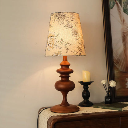 Traditional French Cylinder Floral Fabric Shade Solid Wood Base 1-Light Table Lamp For Bedroom