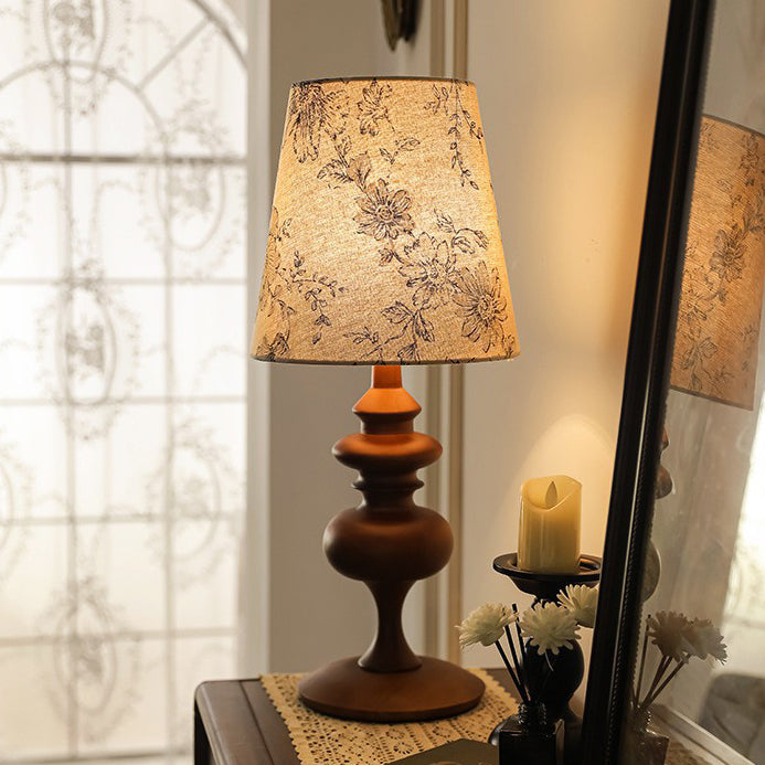 Traditional French Cylinder Floral Fabric Shade Solid Wood Base 1-Light Table Lamp For Bedroom