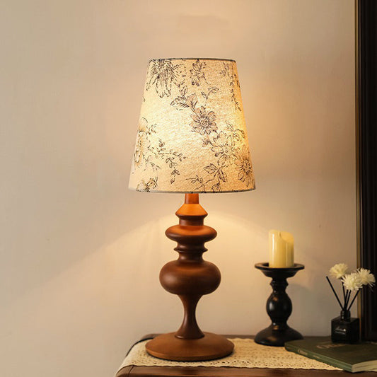 Traditional French Cylinder Floral Fabric Shade Solid Wood Base 1-Light Table Lamp For Bedroom