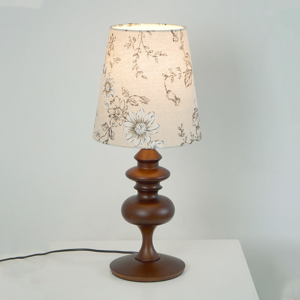 Traditional French Cylinder Floral Fabric Shade Solid Wood Base 1-Light Table Lamp For Bedroom