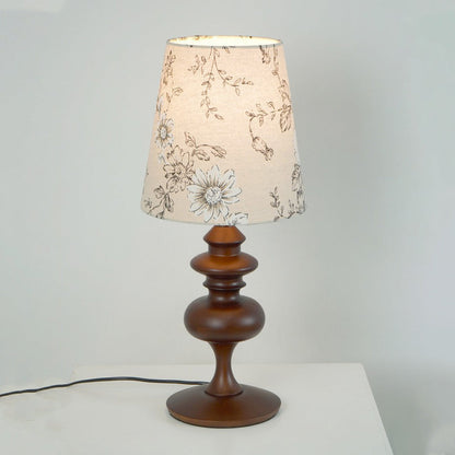 Traditional French Cylinder Floral Fabric Shade Solid Wood Base 1-Light Table Lamp For Bedroom