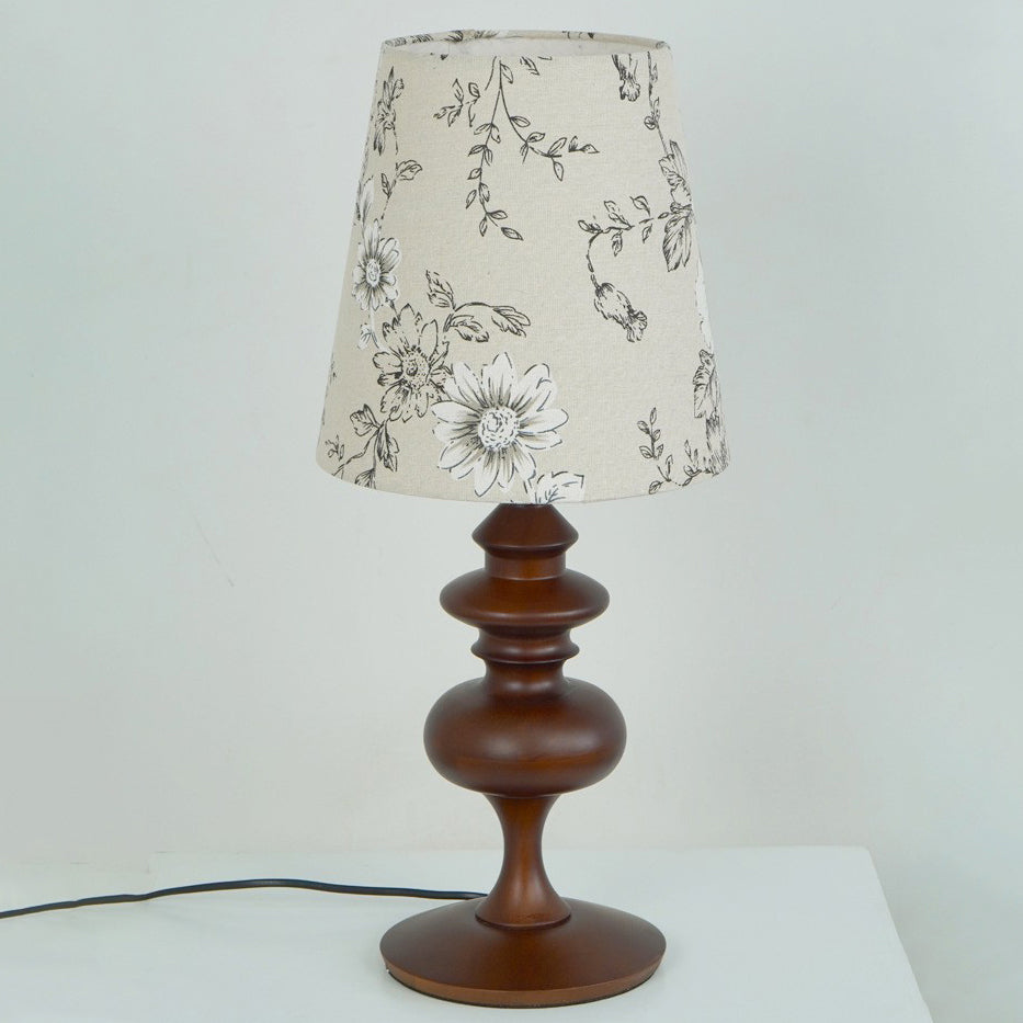 Traditional French Cylinder Floral Fabric Shade Solid Wood Base 1-Light Table Lamp For Bedroom