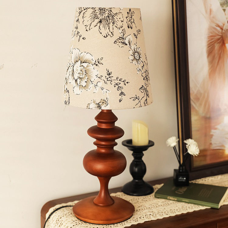 Traditional French Cylinder Floral Fabric Shade Solid Wood Base 1-Light Table Lamp For Bedroom