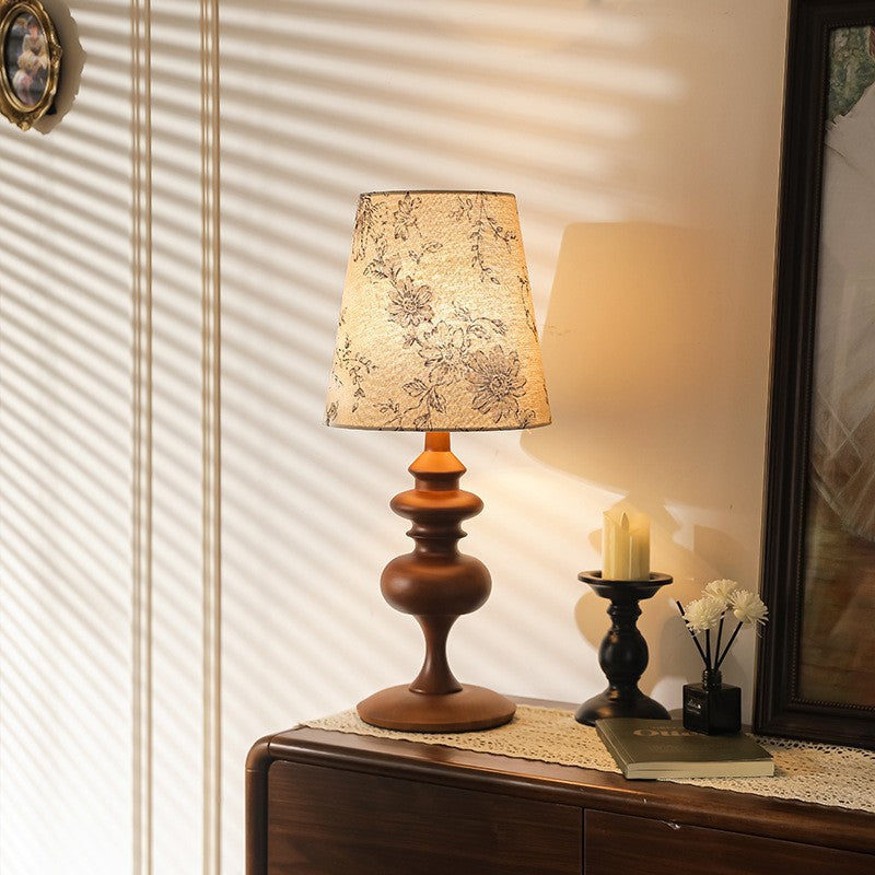 Traditional French Cylinder Floral Fabric Shade Solid Wood Base 1-Light Table Lamp For Bedroom