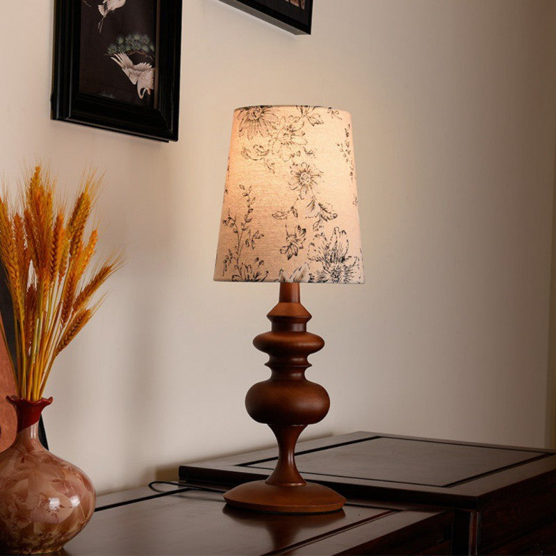 Traditional French Cylinder Floral Fabric Shade Solid Wood Base 1-Light Table Lamp For Bedroom