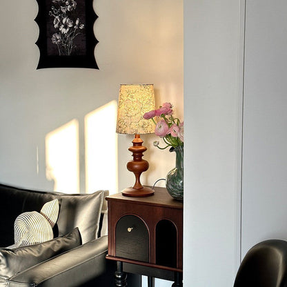 Traditional French Cylinder Floral Fabric Shade Solid Wood Base 1-Light Table Lamp For Bedroom