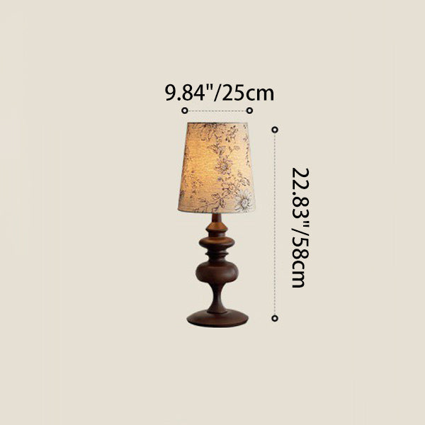Traditional French Cylinder Floral Fabric Shade Solid Wood Base 1-Light Table Lamp For Bedroom