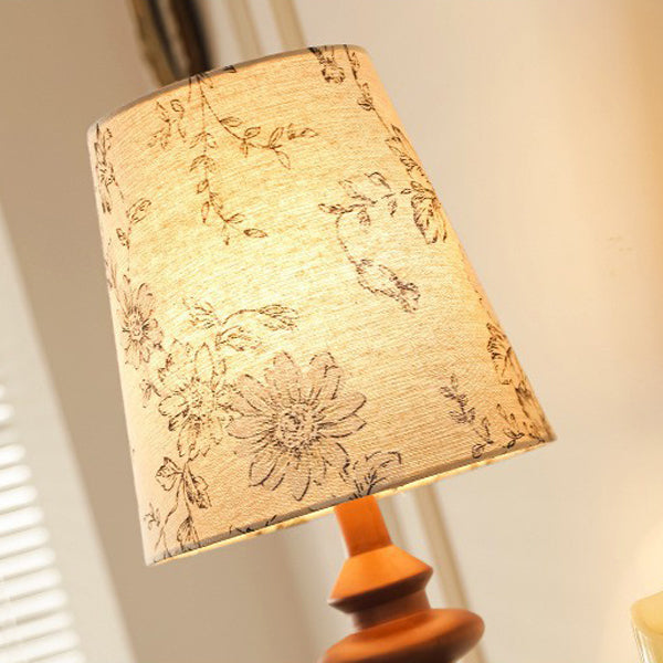 Traditional French Cylinder Floral Fabric Shade Solid Wood Base 1-Light Table Lamp For Bedroom