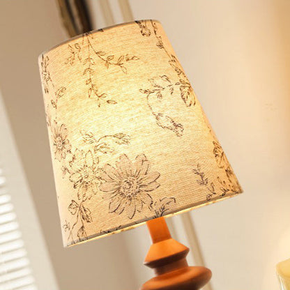 Traditional French Cylinder Floral Fabric Shade Solid Wood Base 1-Light Table Lamp For Bedroom