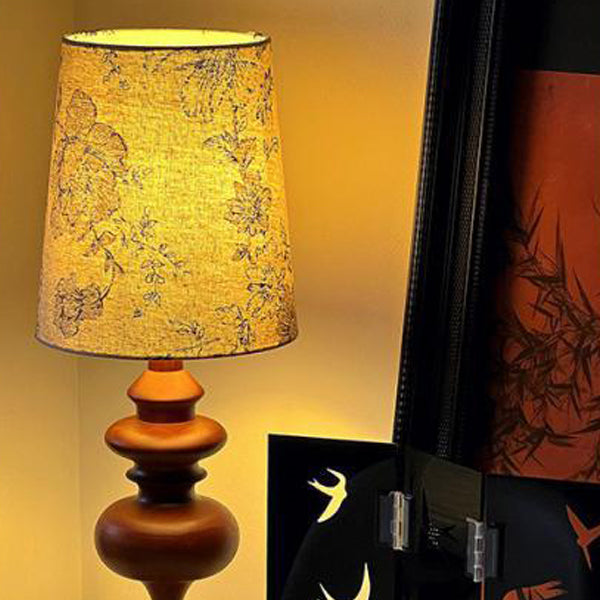 Traditional French Cylinder Floral Fabric Shade Solid Wood Base 1-Light Table Lamp For Bedroom