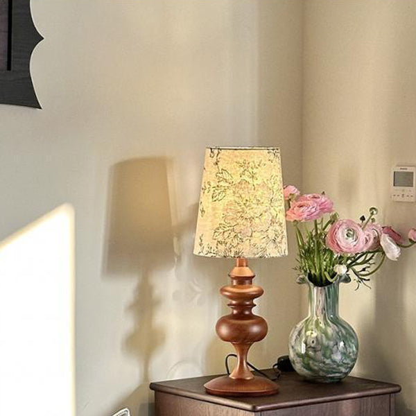 Traditional French Cylinder Floral Fabric Shade Solid Wood Base 1-Light Table Lamp For Bedroom