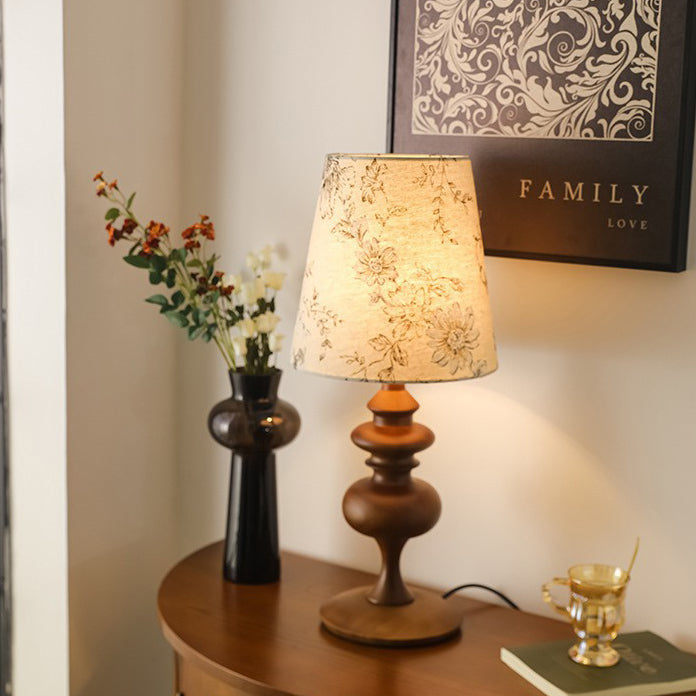 Traditional French Cylinder Floral Fabric Shade Solid Wood Base 1-Light Table Lamp For Bedroom