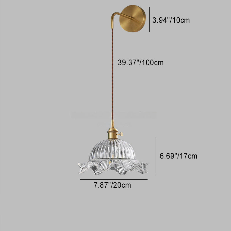 Traditional Japanese Round Dome Flower Brass Glass Shade 1-Light Wall Sconce Lamp For Living Room