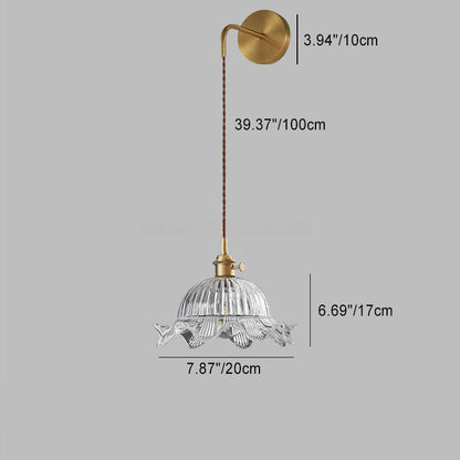 Traditional Japanese Round Dome Flower Brass Glass Shade 1-Light Wall Sconce Lamp For Living Room