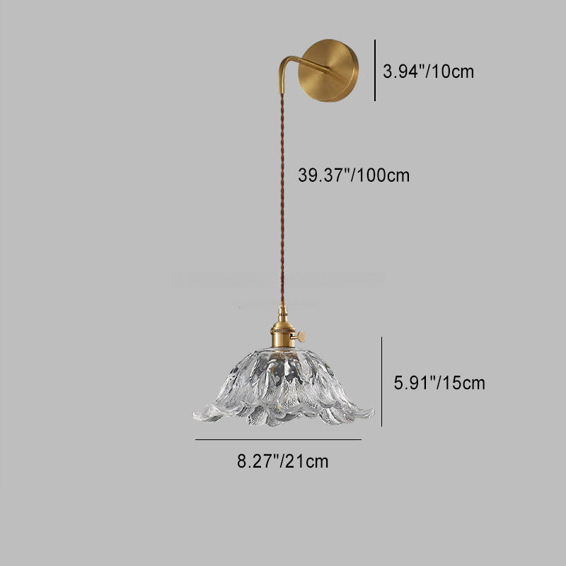 Traditional Japanese Round Dome Flower Brass Glass Shade 1-Light Wall Sconce Lamp For Living Room
