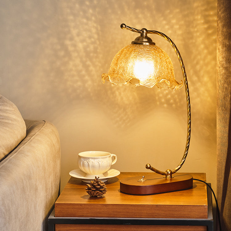 Traditional Vintage Oval Wooden Base Metal Flower Glass Shade 1-Light Table Lamp For Bedroom