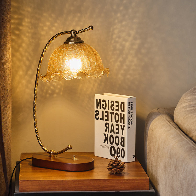 Traditional Vintage Oval Wooden Base Metal Flower Glass Shade 1-Light Table Lamp For Bedroom