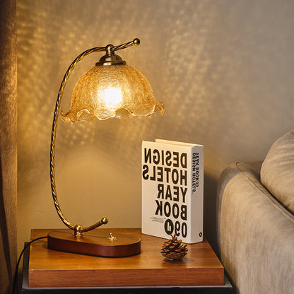 Traditional Vintage Oval Wooden Base Metal Flower Glass Shade 1-Light Table Lamp For Bedroom